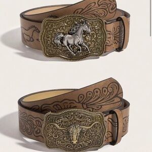 SHEIN Tan Belt with Gold Horse Buckle